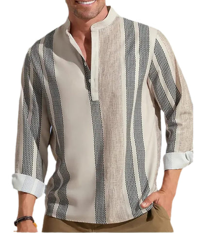 PUCEK Men's Striped Printed Vneck Linen Shirt Fashion Loose Button Stand Collar Long Sleeve Cotton Linen Shirts Color1 S