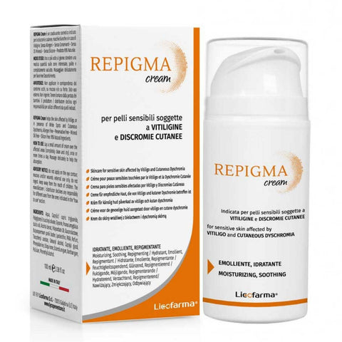 Repigma Cream helps the skin affected by Vitiligo, or in presence o White Spots and Cutaneous Dyschromia. 95% Natural Ingredients.