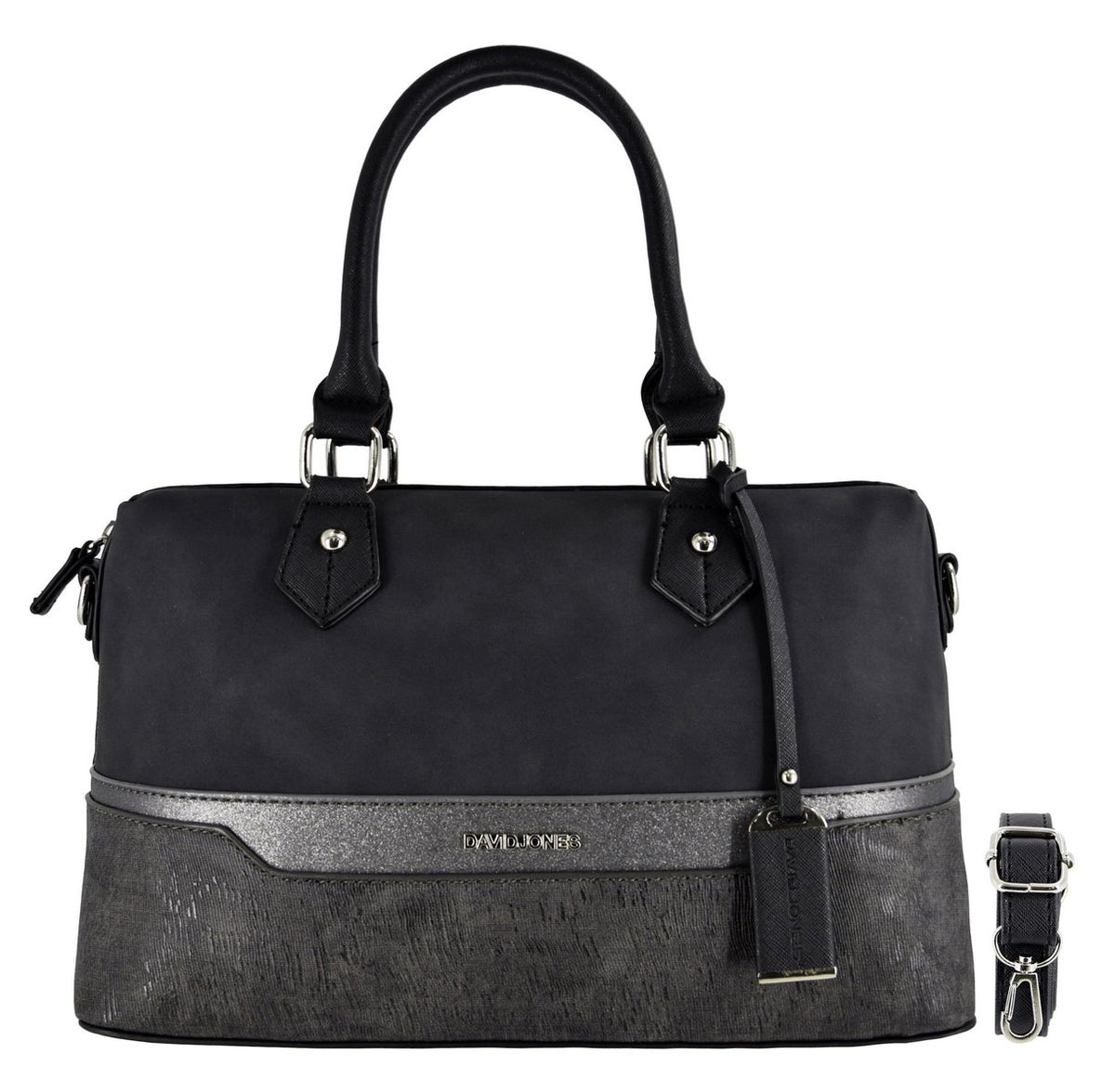David Jones - Womens Bowling Barrel Handbag - Lady Bugatti Duffle Style Bag - Multicolor Stripes Shoulder Bag Nubuck Glitter Rigid Faux Leather - Top-Handle Tote Satchel City Bag Elegant - Black