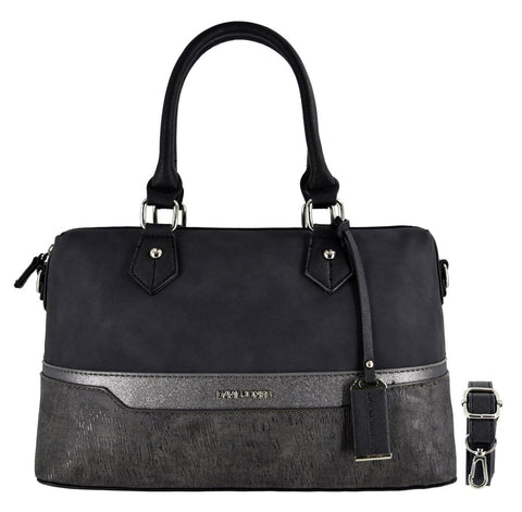 David Jones - Womens Bowling Barrel Handbag - Lady Bugatti Duffle Style Bag - Multicolor Stripes Shoulder Bag Nubuck Glitter Rigid Faux Leather - Top-Handle Tote Satchel City Bag Elegant - Black