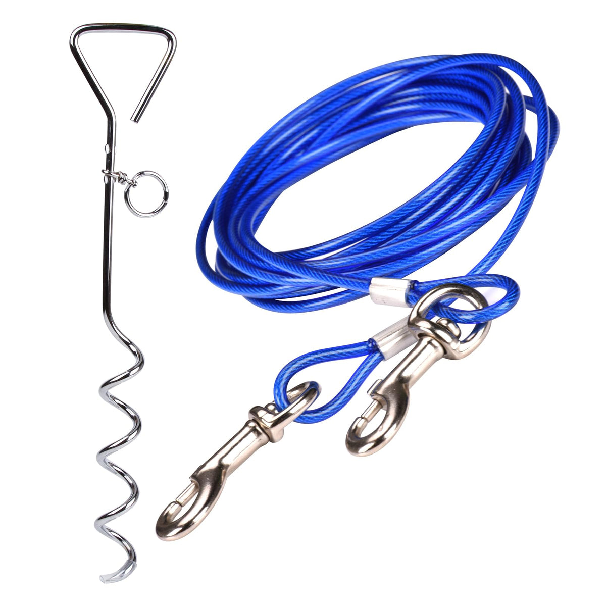 10ft (3M) Dog Tie Out Cable with 18" Spiral Ground Stake Spike - Out for Outdoor Yard and Camping - Small to Medium Dogs (10ft(3M) cable, 18" stake, Blue)