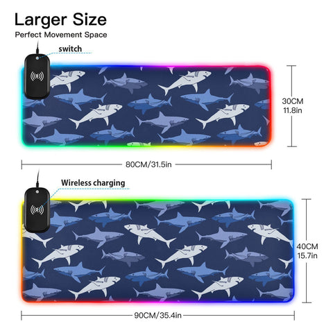 Dark Deep Shark Wireless Charging Mouse Pad for Mobile Phone Extra Large Gaming Mousepad with 13 Lighting Modes Computer Mat for Gaming MacBook PC Laptop Desk Home Office