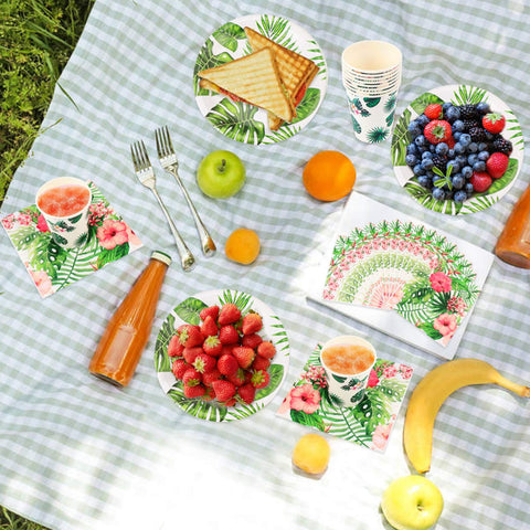 1 Set Dinner Plates Hawaiian Party Supplies Hawaii Party Napkins Paper Plate Disposable Jungle Party Cup Paper Cups Disposable Food Plate Jungle Decorations Leaves Banquet Summer