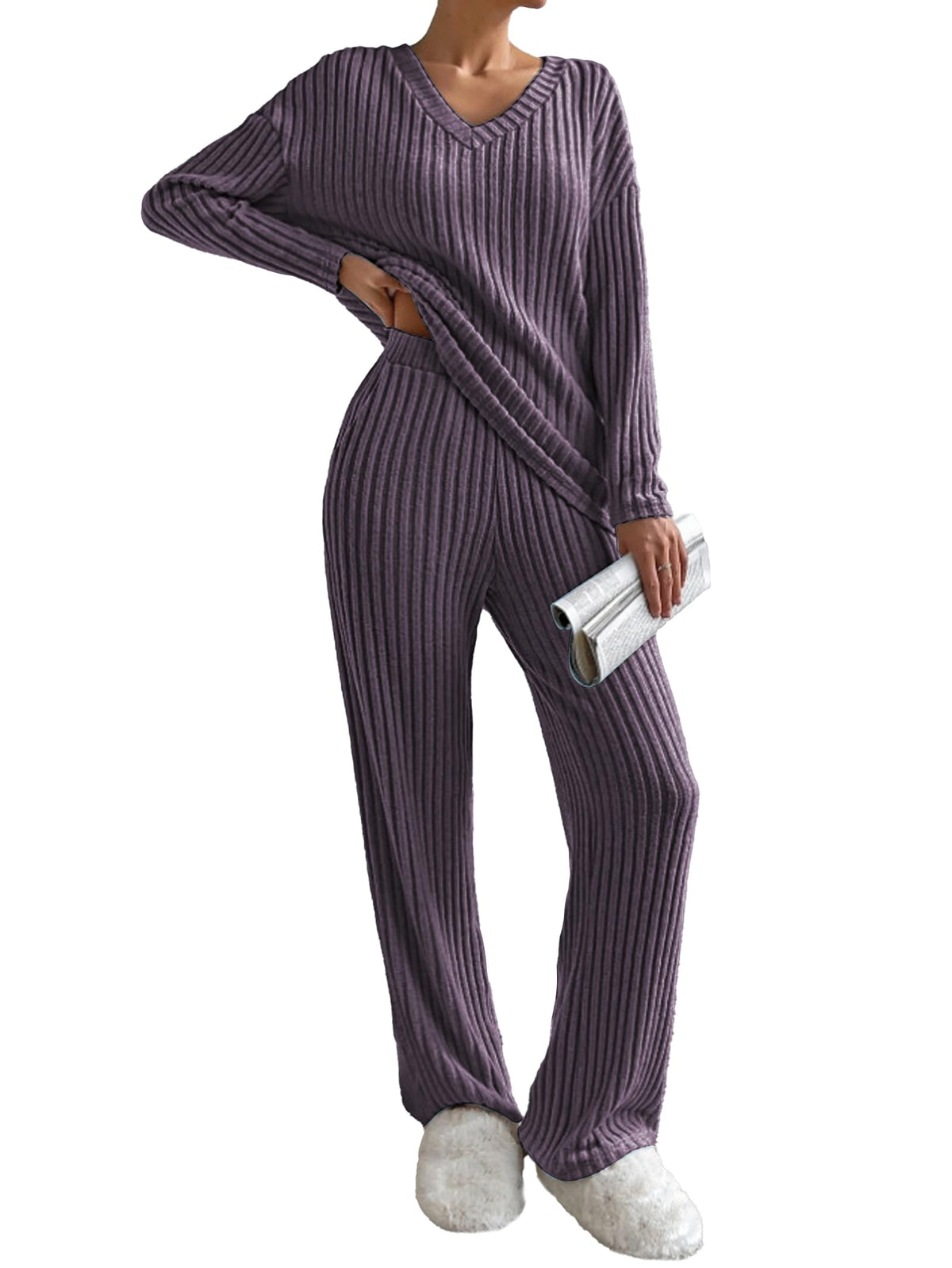 Famulily 2 Piece Lounge Sets for Women Long Sleeve V Neck Jumpers and Trousers, Ladies Travel Outfits Wide Leg Loungewear Winter Pyjamas Leisure Suits (XL, Purple)