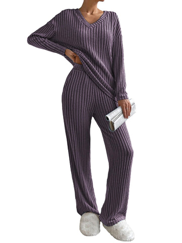 Famulily 2 Piece Lounge Sets for Women Long Sleeve V Neck Jumpers and Trousers, Ladies Travel Outfits Wide Leg Loungewear Winter Pyjamas Leisure Suits (XL, Purple)