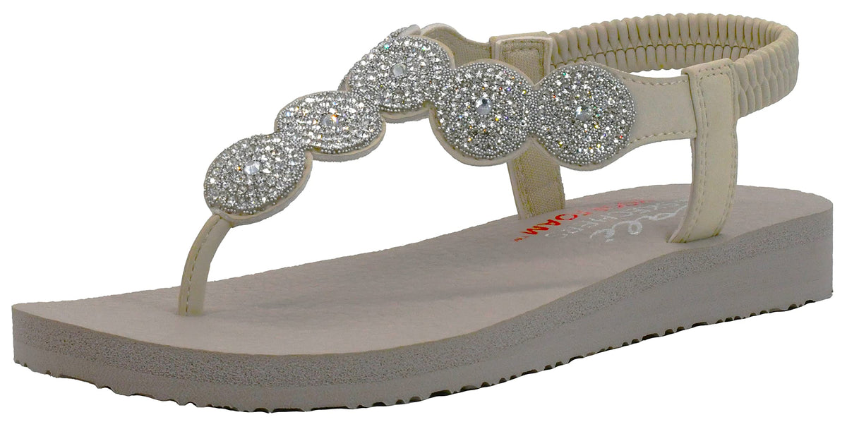 Skechers Women's Meditation Stars & Sparkle Circular Rhinestone Slingback Thong Nude Flip-Flop 6 M US