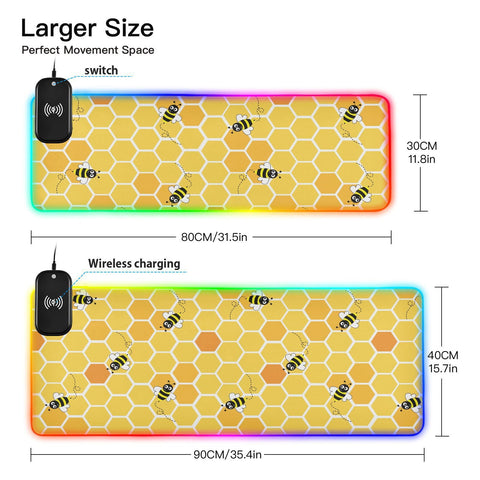 Honey Bee Wireless Charging Mouse Pad for Mobile Phone Extra Large Gaming Mousepad with 13 Lighting Modes Computer Mat for MacBook PC Laptop Desk Office Home Gaming