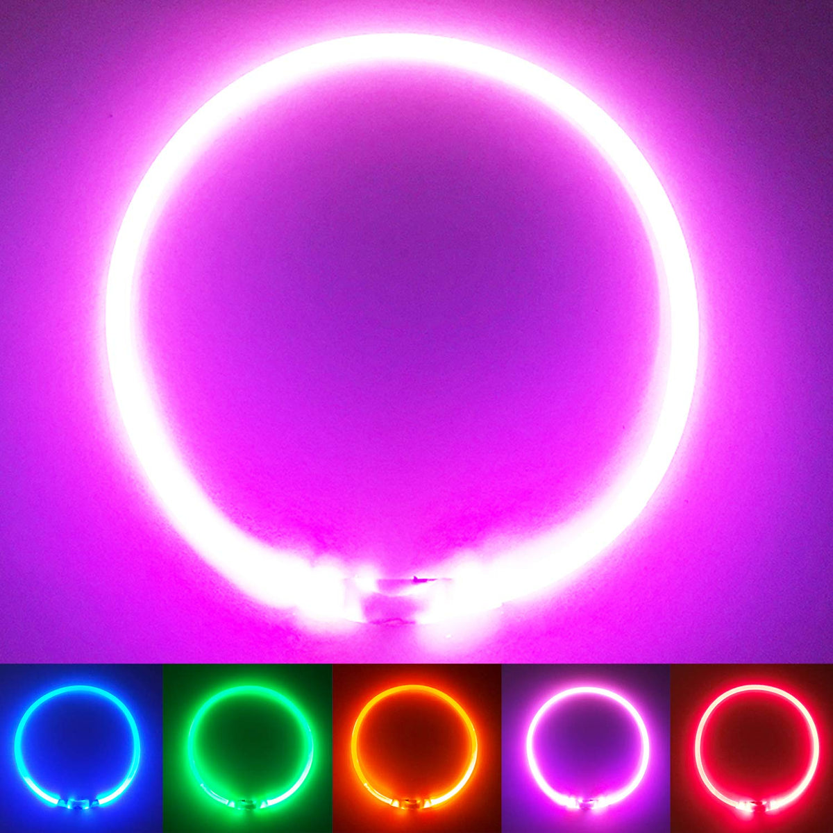 PetSol LED Dog Collar in Pink USB Rechargeable Flashing Light Safety Collar for Dogs, Cats & Puppies - Fashionable Glow in the Dark Design to keep your Pets Safe