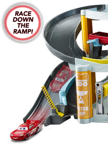 Mattel Disney and Pixar Cars Garage Playset with Lightning McQueen & Cruz Ramirez Toy Cars, Florida Speedway Mega 3-Level Garage