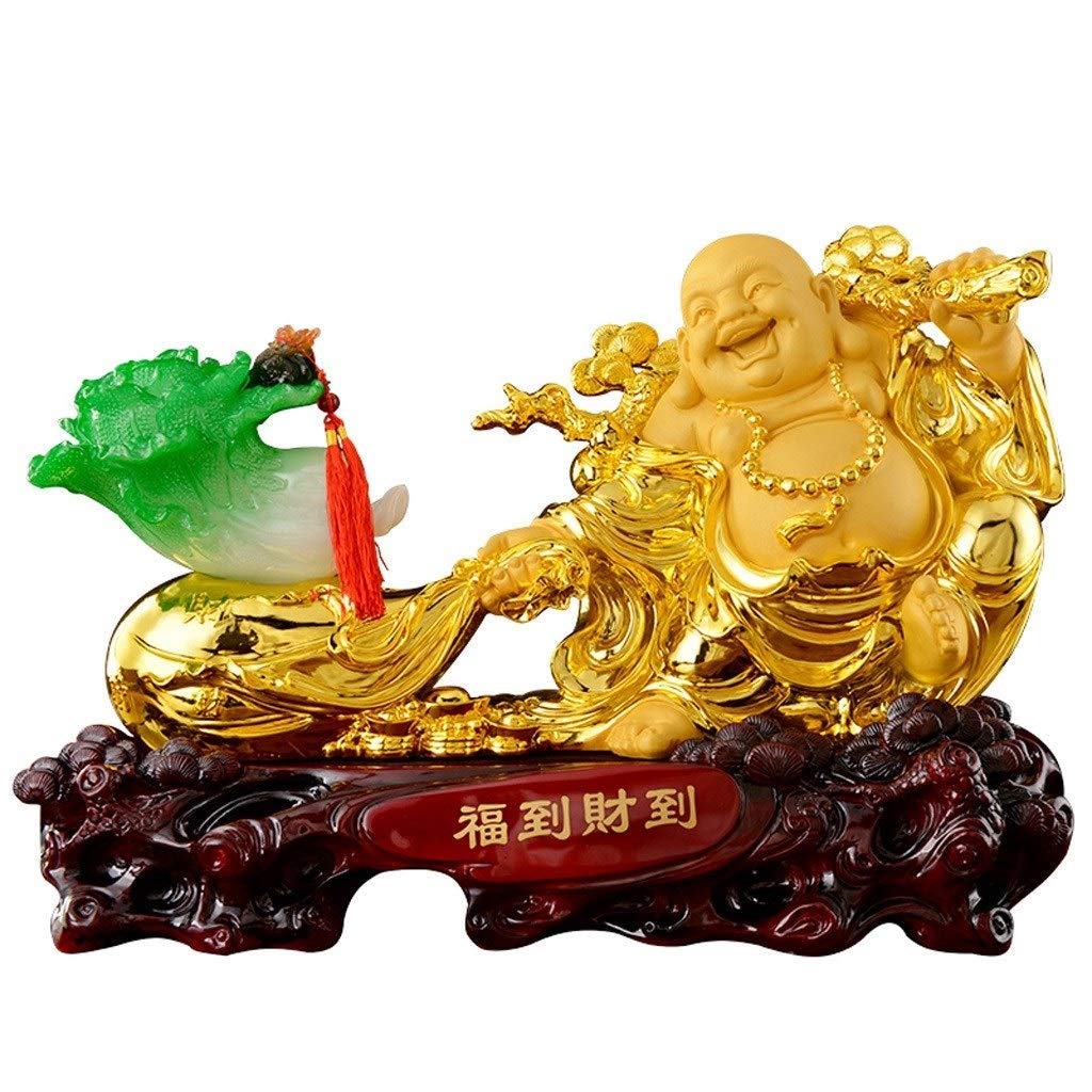 Feng Shui Ornaments Golden Resin Laughing Happy Buddha With Baicai/cabbage Collectible Decoration Charm Blessing Gift