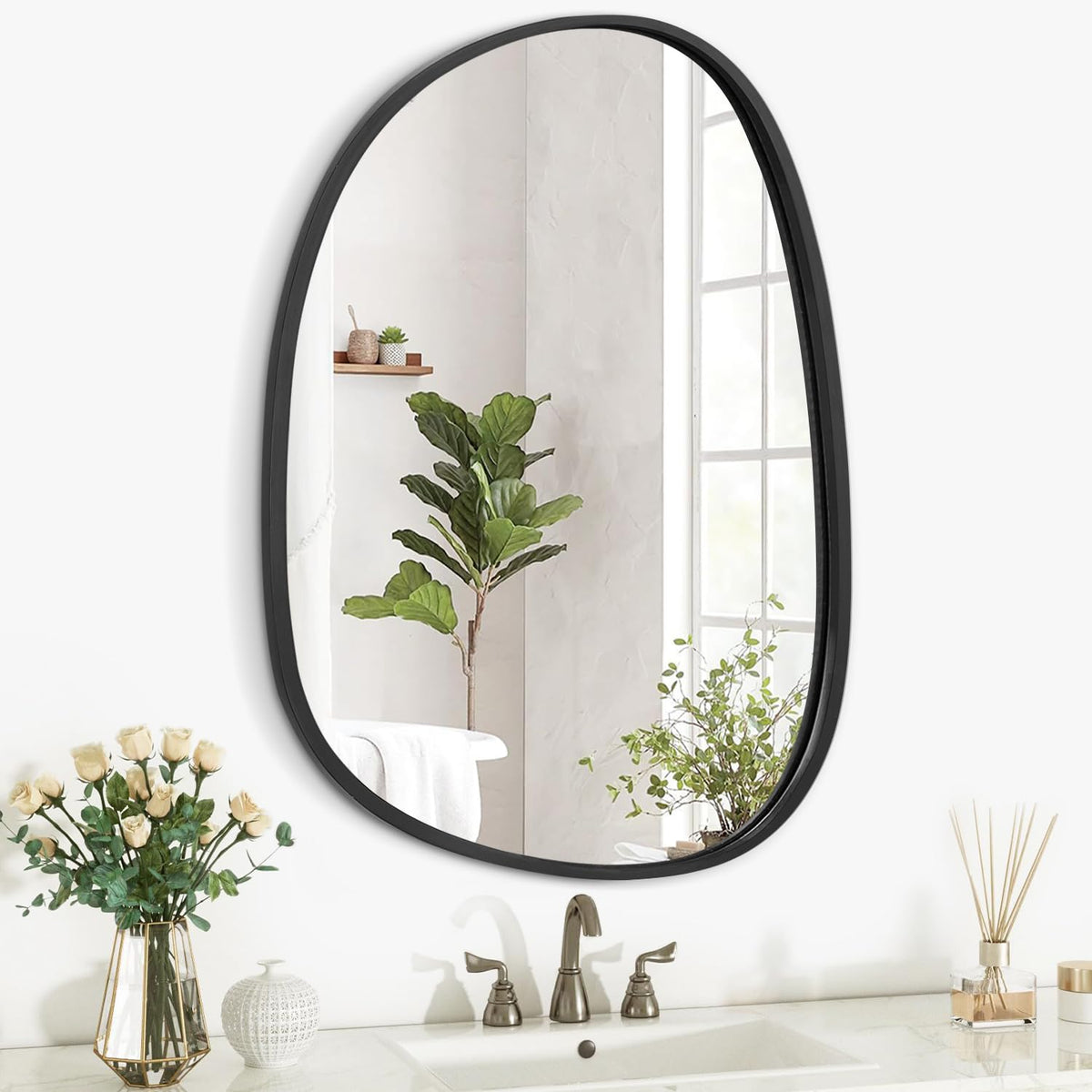 Asymmetrical Wood Wall Mirror Irregular Oval Hanging Frame Mirror for Wall Vanity Bathroom Living Room Bedroom Entryway Hallway Modern Unique Decorative Artistic Mirror Black