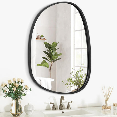 Asymmetrical Wood Wall Mirror Irregular Oval Hanging Frame Mirror for Wall Vanity Bathroom Living Room Bedroom Entryway Hallway Modern Unique Decorative Artistic Mirror Black