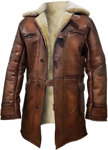 Fashion_First Mens Knight Rises Bane Tom Hardy Shearling Sheepskin Brown Leather Jacket Mid Length Fur Leather Jacket