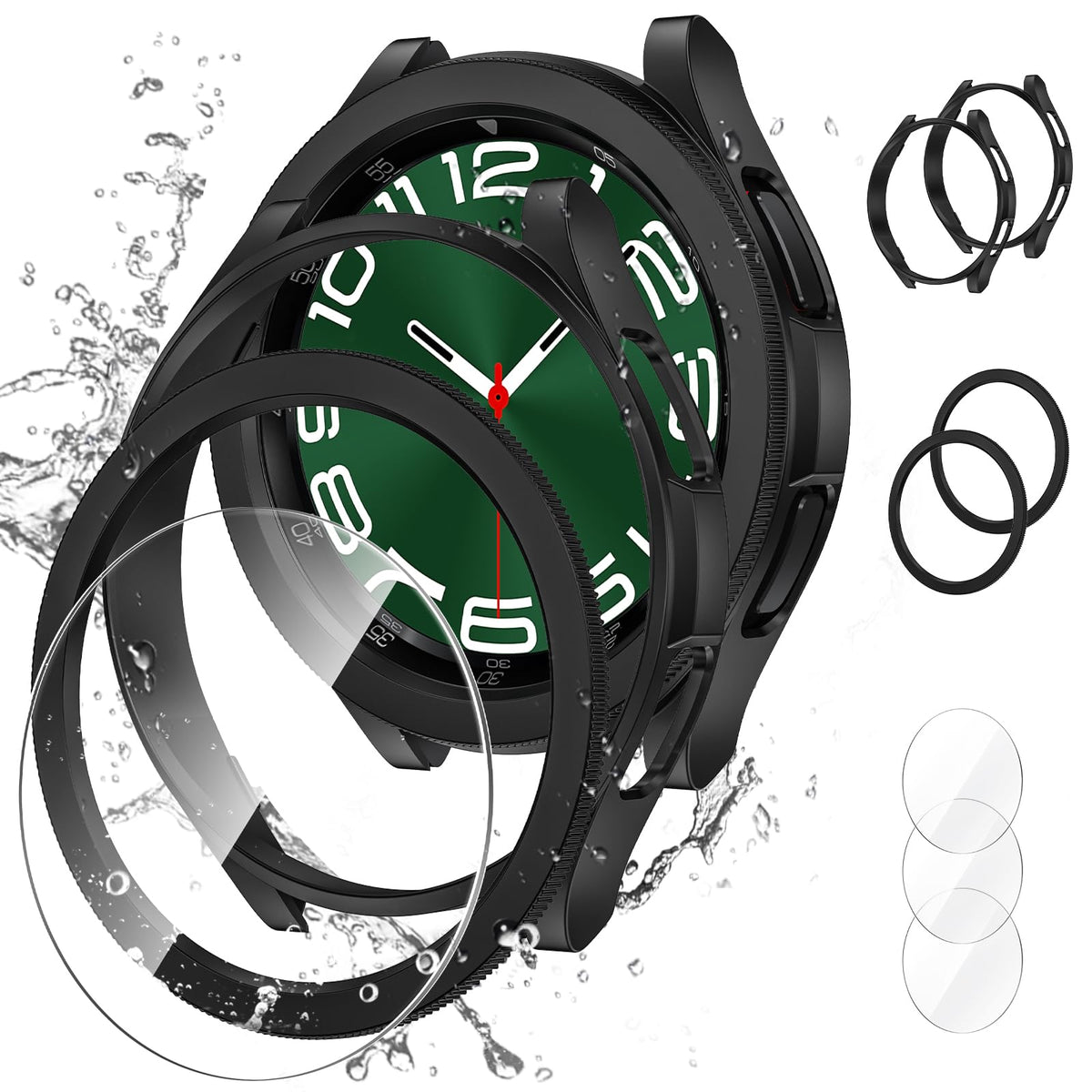 Neitra [2+2+3 Pack 3 in 1 for Samsung Galaxy Watch 6 Classic 43mm Case and Screen Protector,3 Pack HD Anti-Fog Tempered Glass Screen Protector + 2 Pack Hard PC Bumper Case + 2 Pack Bezel Ring Cover