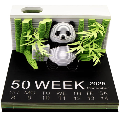 JOSMAX Time Piece Calendar 2025, 3D Art Panda Notes Pad Desktop Calendar Crafty Desktop Paper Decorative Sculpture with Pen Holder Weekly Calendar for Decoration Holiday Gifts