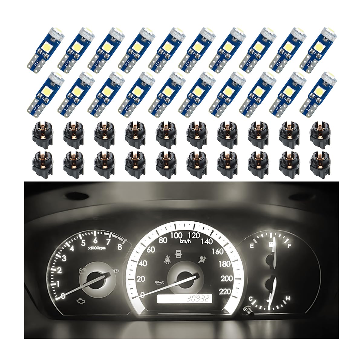BELOMI 20 Pcs T5 LED Lights for Car Dashboard, High Light Bulb 3030-3SMD Replacement with Twist Lock Socket, Super Bright Light for Instrument Panel Indicator (Warm White)