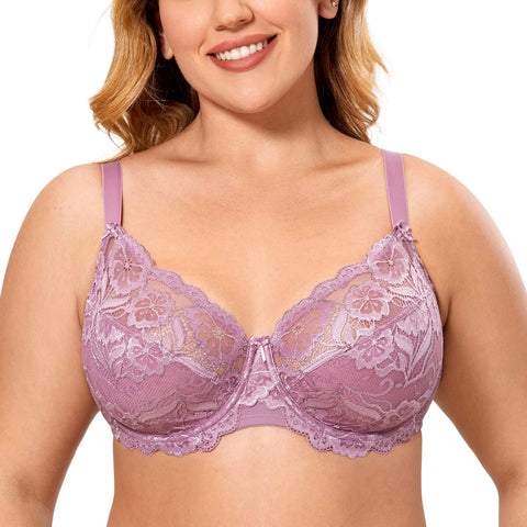 DELIMIRA Women's Plus Size Bras Full Coverage Lace Underwire Unlined Bra Up to J Orchid Rose 34G