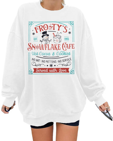 White Christmas Sweatshirts for Women Oversized Ugly Christmas Sweaters Snowman Cafe Graphic Long Sleeve Shirts, White, Medium