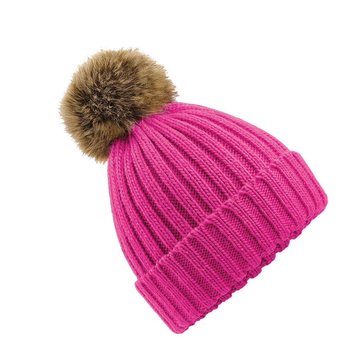 Beechfield - Stylish Cuffed Design - Faux Fur Pop Pom Chunky Beanie - Fuchsia