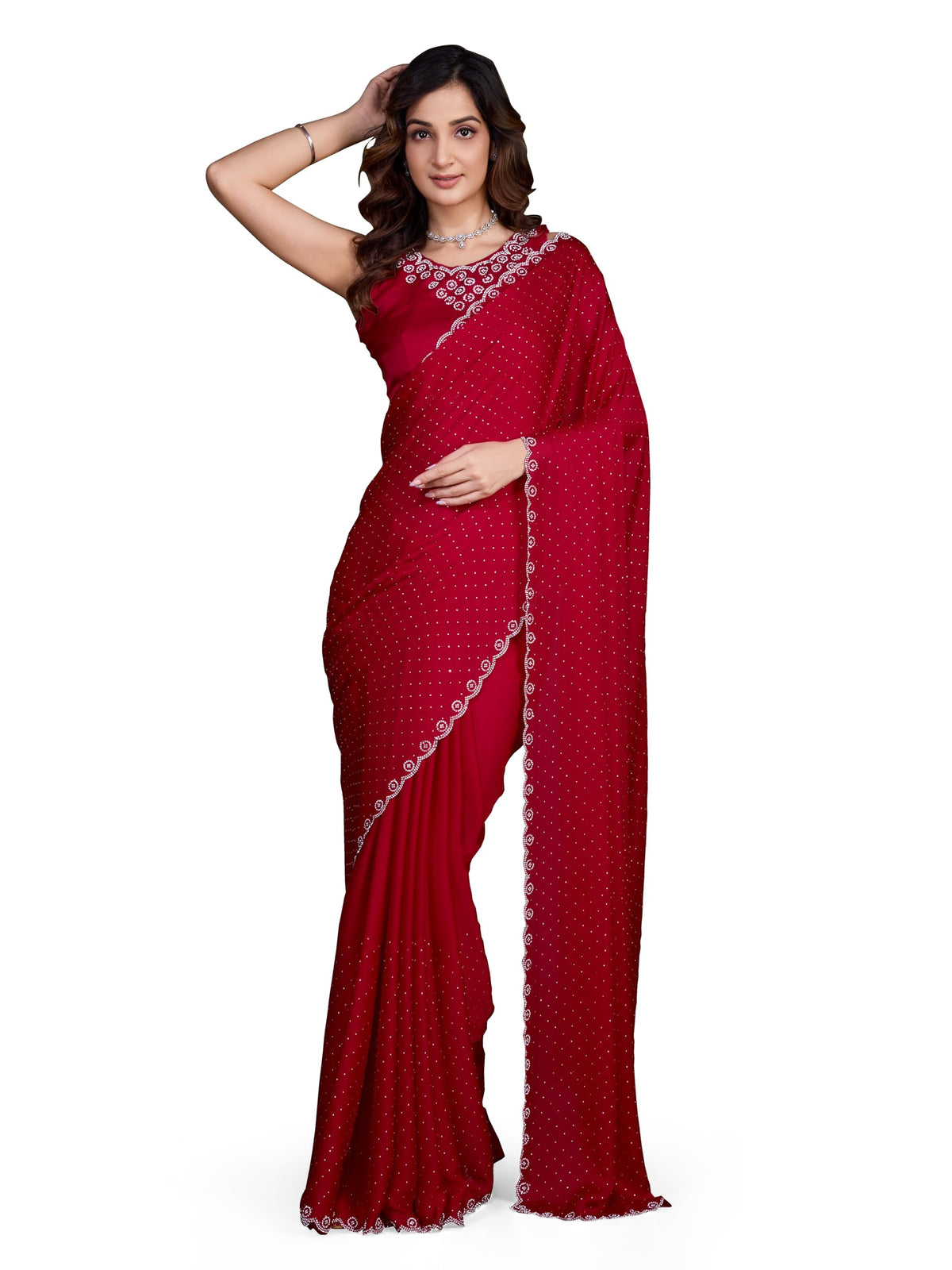 TRENDMALLS Women's Satin Georgette Siroski work Saree with Unstitched Blouse Piece (K1069-Red)