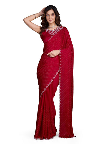 TRENDMALLS Women's Satin Georgette Siroski work Saree with Unstitched Blouse Piece (K1069-Red)