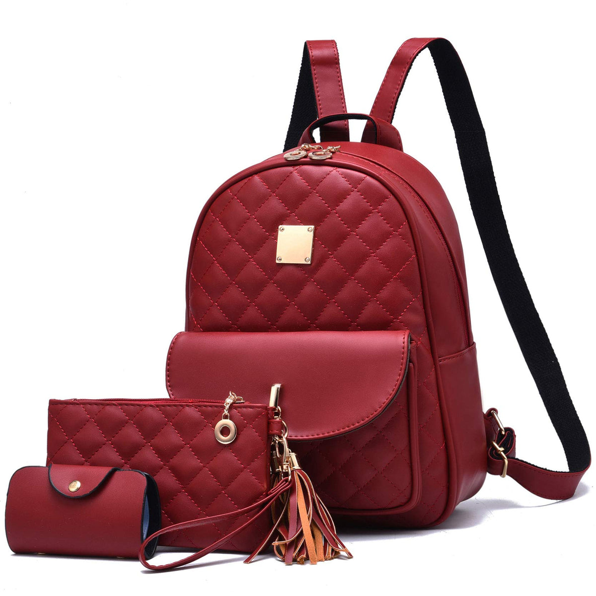 I IHAYNER Women's Simple Design Quilted Backpack Mini Backpack for Women 3 Pcs Leather Backpack Purse for Women Mini Backpack for Ladies Wine