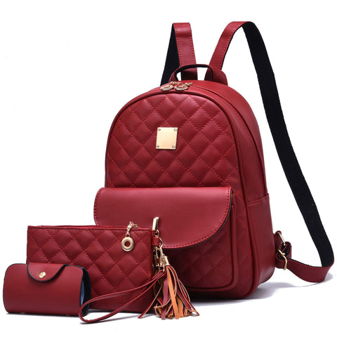 I IHAYNER Women's Simple Design Quilted Backpack Mini Backpack for Women 3 Pcs Leather Backpack Purse for Women Mini Backpack for Ladies Wine