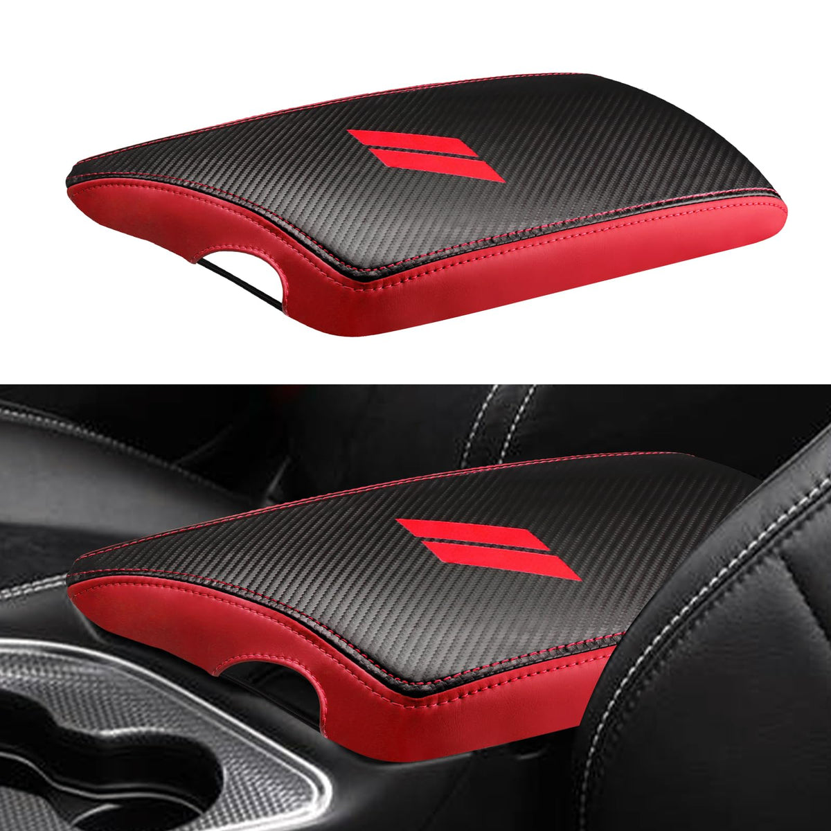 INTGET Car Center Console Cover for 2023 2022 Dodge Challenger Accessories 2021 2020 2019 2018 2017 2016 2015 Armrest Cover Interior Lid Protector (Carbon Fiber with Red, PU leather)