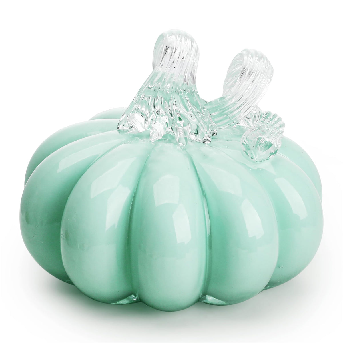 QFkris 4inch Hand Blown Glass Pumpkin Figurine Collectibles Art Glass Halloween Pumpkin Decor Table Accent for Fall Harvest Decorating,Turquoise