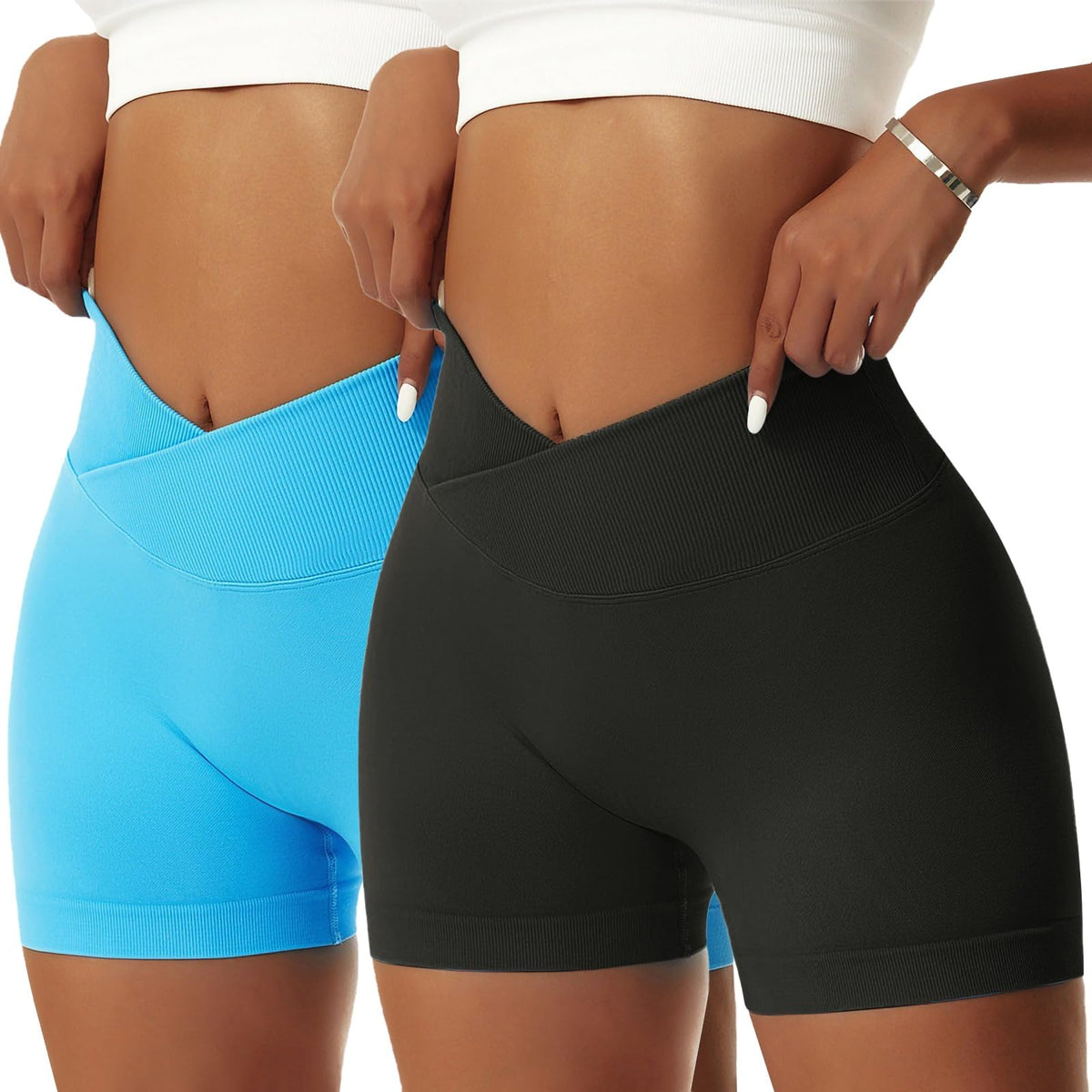 Vertvie 2 Pack Workout Gym Shorts for Women High Waisted Booty V Cross Biker Shorts Scrunch Butt Athletic Yoga Shorts (Black/Blue, Medium)