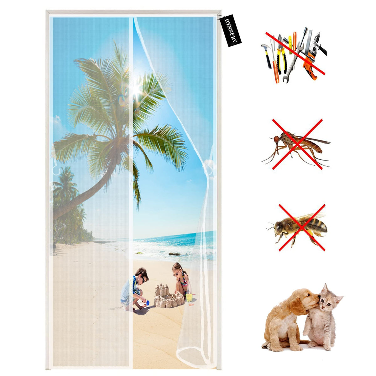 Magnetic Fly Screen Door 145 x 210 cm with Powerful Magnets - Heavy-Duty Anti Mosquito Mesh No Gap -No Drilling - Easy to Install - Keep Fresh Air in & Bugs Out - White A