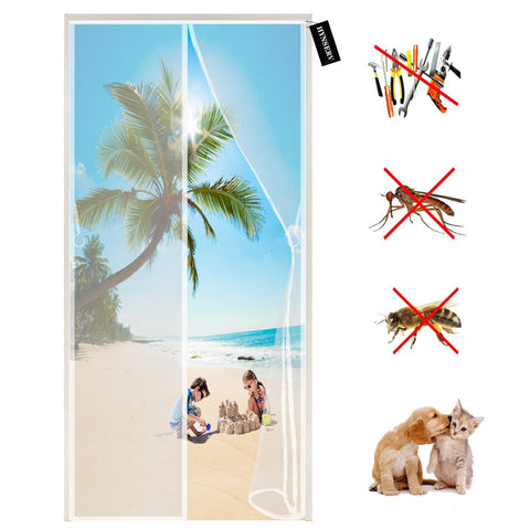 Magnetic Fly Screen Door 145 x 210 cm with Powerful Magnets - Heavy-Duty Anti Mosquito Mesh No Gap -No Drilling - Easy to Install - Keep Fresh Air in & Bugs Out - White A