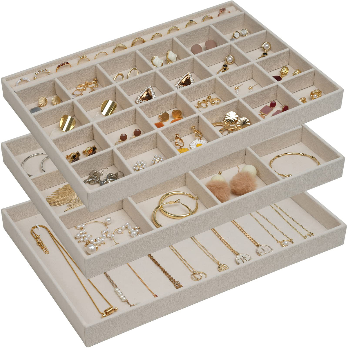 ProCase 3 Stackable Jewelry Trays Organizer Set for Drawers, Jewellery Drawer Insert Divider Jewel Display Storage with Removable Dividers for Earring Necklace Bracelet -Beige