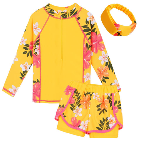 ZNYUNE Girls 2PCS Leaves Printed Swimwear Long Sleeve Swimsuit Set Kids Bathing Suit Swimming Costume for Age 3 to 10 Years S421 YellowFlower 14A