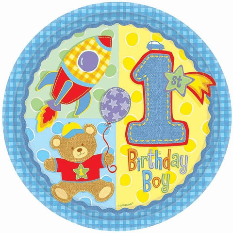 Amscan Baby Boy's First Birthday One-Year-Old - Hugs & Stitches 8" Disposeable Plates - 8 ct