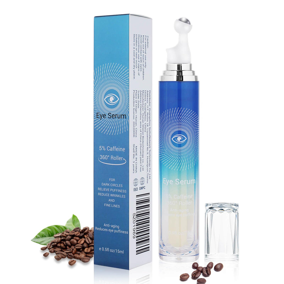 Paminify 5% Caffeine Eye Serum with 360Ãƒâ€šÃ‚Â° Massage Rollerball Topper,Caffeine Eye Cream for Dark Circles,Wrinkles,Puffiness and Fine Lines,Under Eye Roller Cream Eye Bags Treatment for Women and Men
