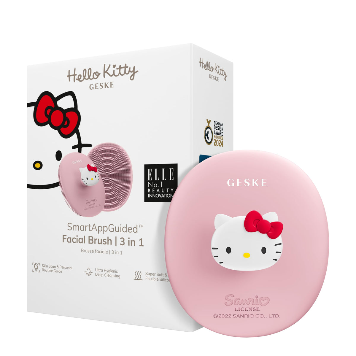 GESKE x Hello Kitty | SmartAppGuidedâ„¢ Facial Brush | 3 in 1 | Professional Facial Cleansing Brush with Handle | Skin Cleansing Soft Silicone Facial Brush | Routine Skincare | Gentle Cleansing