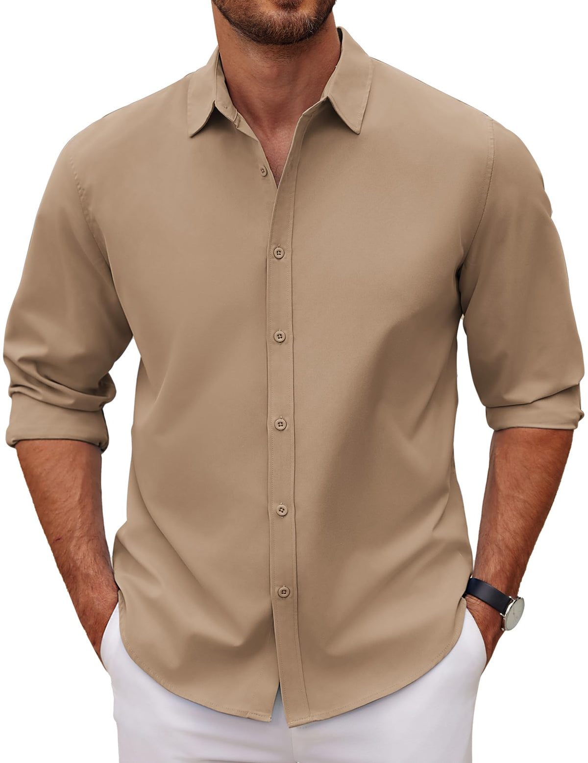 COOFANDY Men's Summer Business Casual Button Down Shirt Business Formal Long Sleeve Athletic Fit Lightweight Shirt Khaki