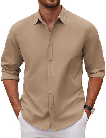 COOFANDY Men's Summer Business Casual Button Down Shirt Business Formal Long Sleeve Athletic Fit Lightweight Shirt Khaki