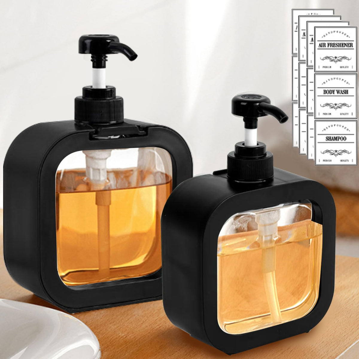 Soap Dispenser, Bathroom Soap Dispenser with Waterproof Label, Bathroom Soap Holder and Kitchen Soap Dispenser (2 x 500 ml, Black)