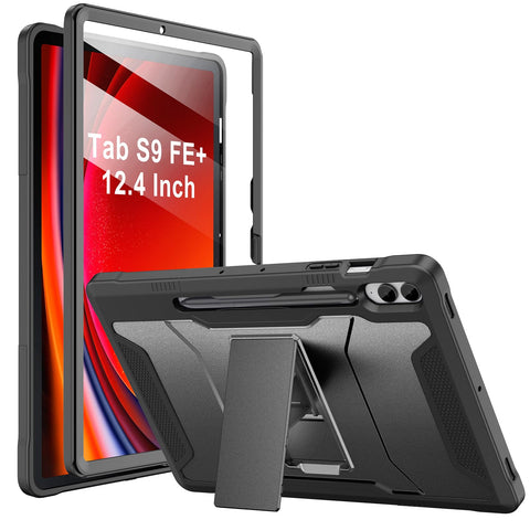 Soke Case for Samsung Galaxy Tab S9 Plus/S9 FE+ 2023, with Built-in Screen Protector & Kickstand, Rugged Full Body Protective Cover for Galaxy Tablet 12.4 Inch,Black