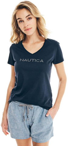 NAUTICA Women's Classic Fit Studed Logo V-Neck T-Shirt, NavySeas, XL