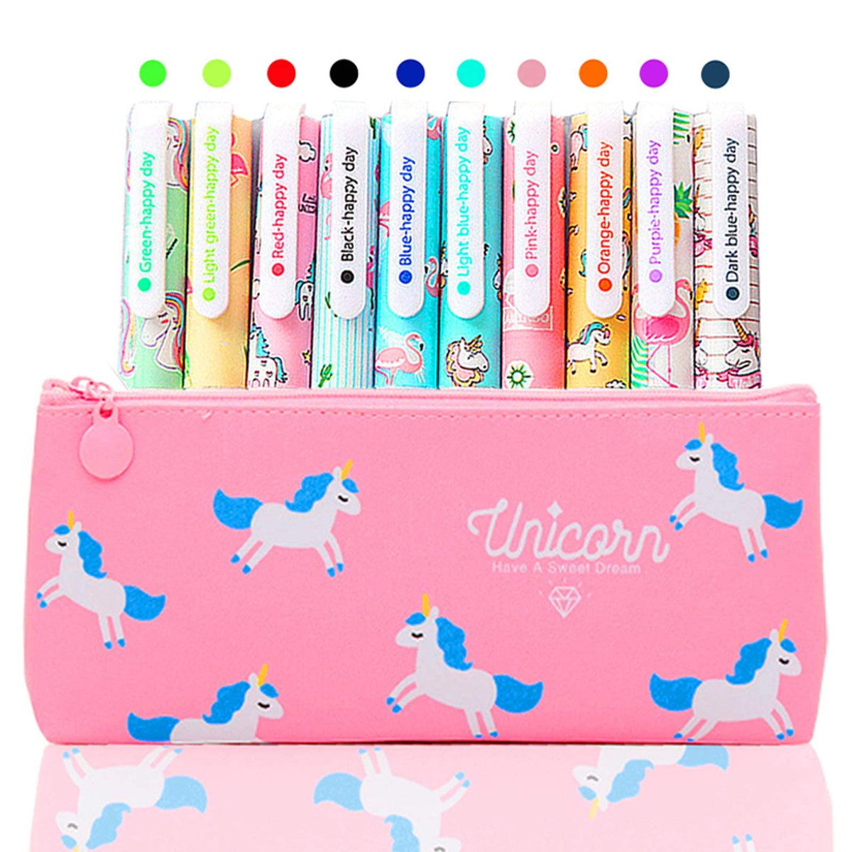 TOYESS 10 Pcs Unicorn Pens with Pencil Case School Gift Stocking Filler for Girls Age 6-12 Years Old, Cute Flamingo Pens Set Ballpoint Writing Smooth Kids Birthday Present, Pink
