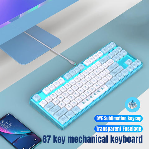 ciciglow Mechanical Gaming Keyboard, PBT Keycaps, Blue Switch, White Backlight, 20 Lighting Modes, Cute Design, Ergonomic, 87 Keys, Wired, for, for OS, for