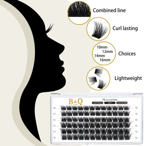 B&Qaugen Lash Clusters, C D Curl, 18mm, 72 Clusters, DIY False Eyelashes, Individual, Vegan, Cruelty Free