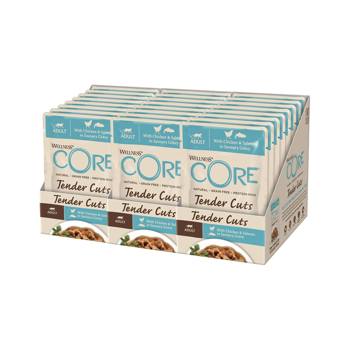 Wellness CORE Tender Cuts, Wet Cat Food, Cat Food Wet with Tender Pieces in Sauce, Grain Free, High Meat Content, Chicken & Salmon, 24 x 85 g