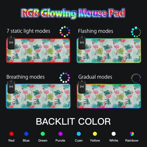 Flamingo Palm Leaves Summer Wireless Charging Mouse Pad for Mobile Phone Extra Large Gaming Mousepad with 13 Lighting Modes Keyboard Mat for MacBook PC Laptop Desk Office Home Gaming