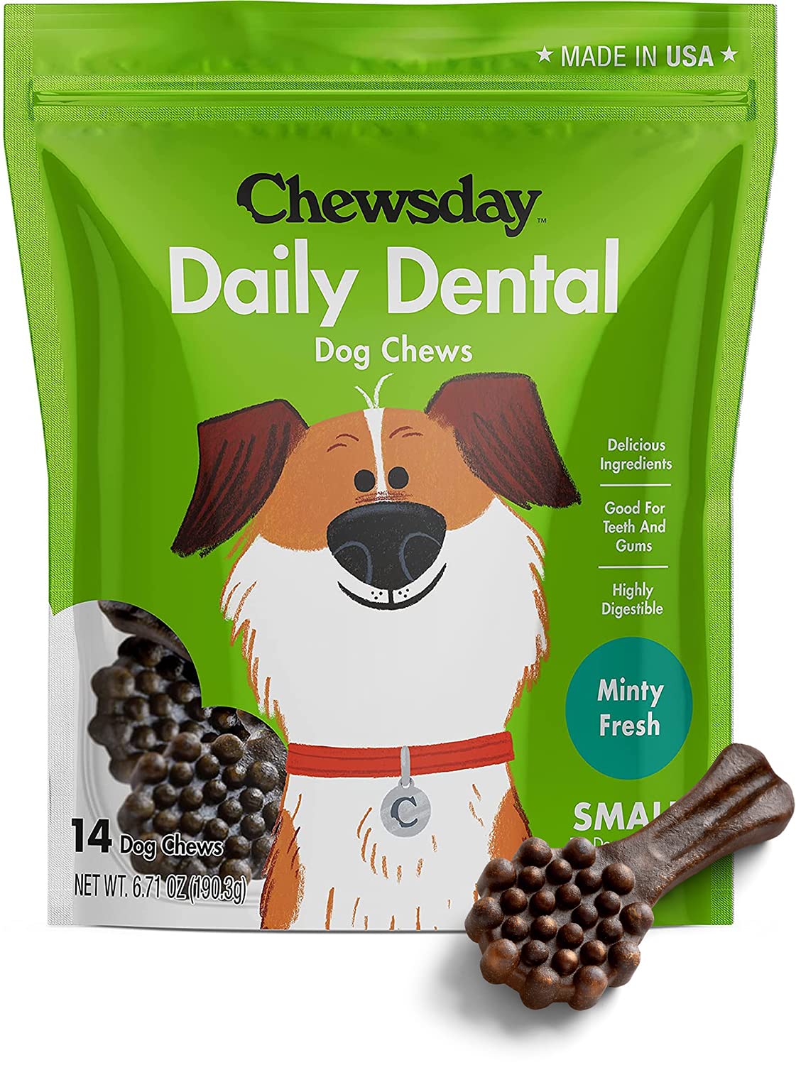 Chewsday Small Minty Fresh Daily Dental Dog Chews, Made in The USA, Natural Highly-Digestible Oral Health Treats for Healthy Gums and Teeth - 14 Count