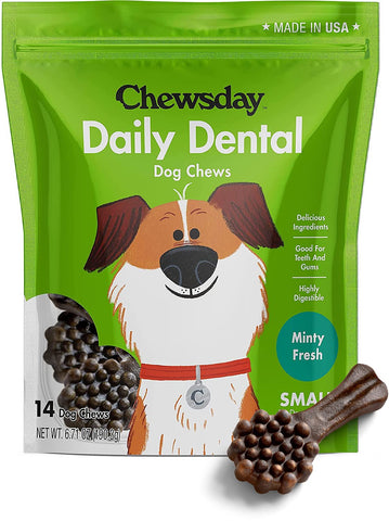 Chewsday Small Minty Fresh Daily Dental Dog Chews, Made in The USA, Natural Highly-Digestible Oral Health Treats for Healthy Gums and Teeth - 14 Count