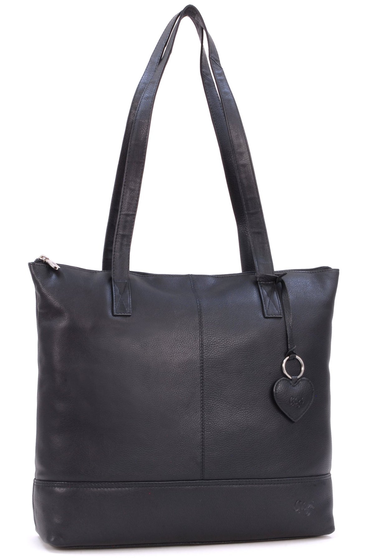 Gigi -- Women's Large Leather Tote - Shopper/Shoulder Bag - OTHELLO 9101 - with heart keyring charm - Black